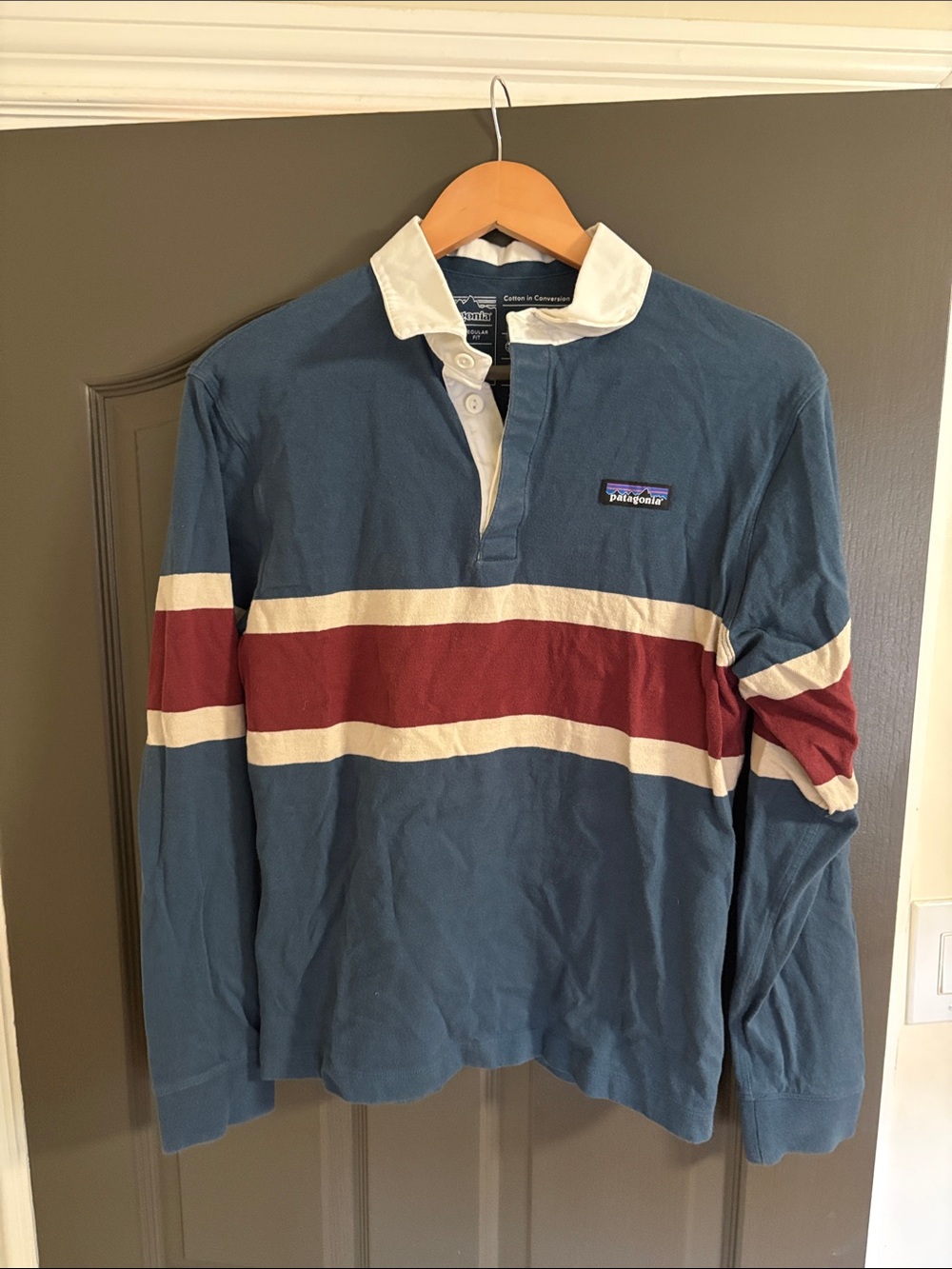 Patagonia Long-Sleeve Rugby Shirt in Blue with Red & Cream Stripes
